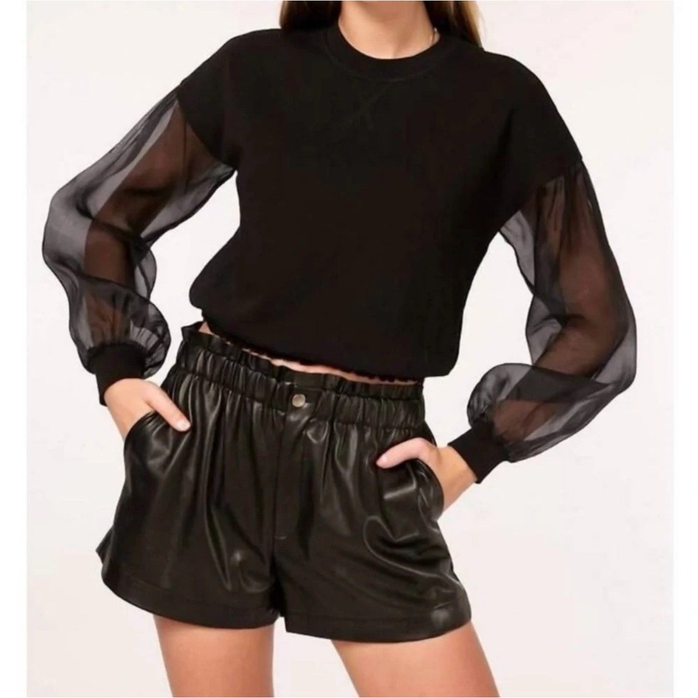 Cami NYC Valeria Puff Mesh Sleeve Sweatshirt Top Black Sz S